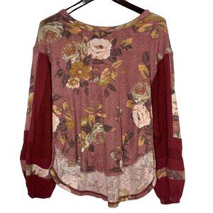 Free People Flower Patch Waffle Knit Thermal Top Red Sz MED